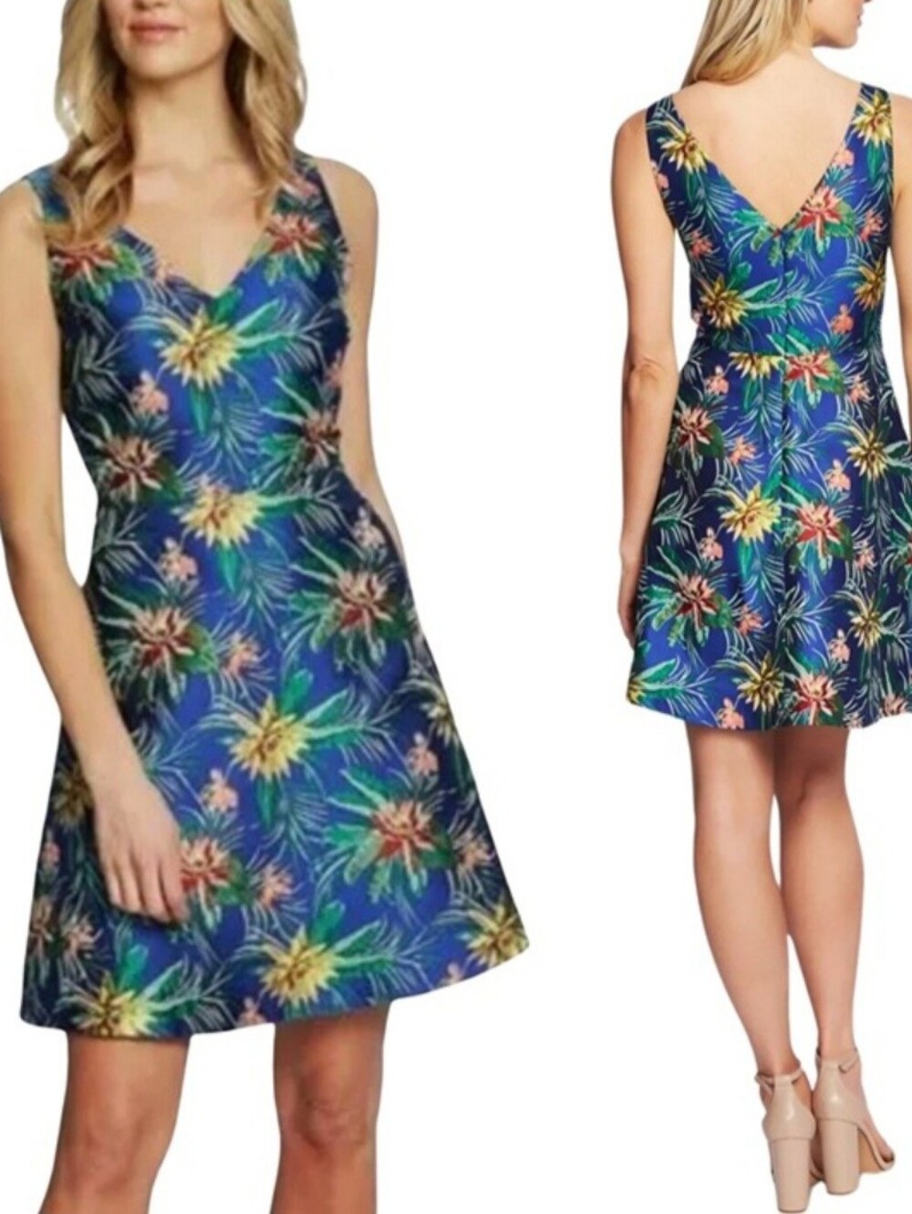 CeCe Floral V-Neck A-Line Cocktail Dress in Blue
